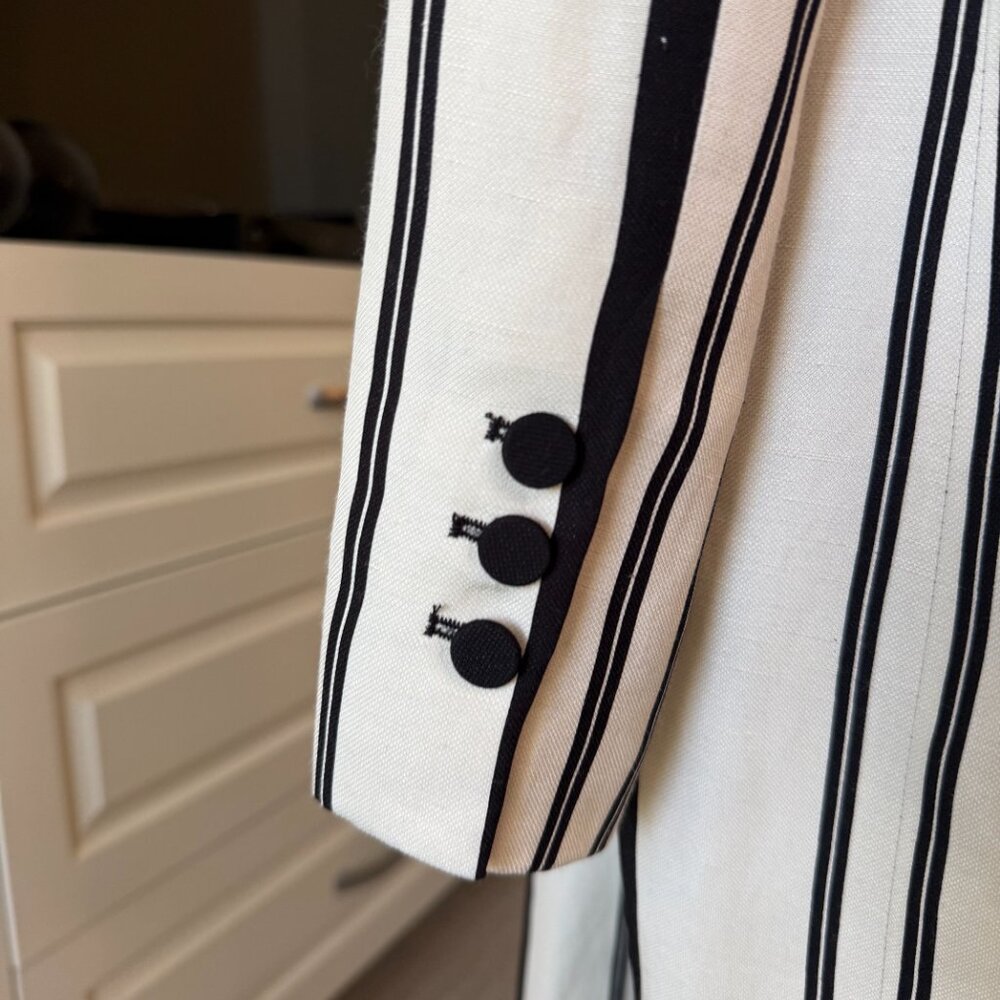 Zara Woman Black/Off White Striped Longline Blazer Coat Jacket Linen Blend - Picture 6 of 9